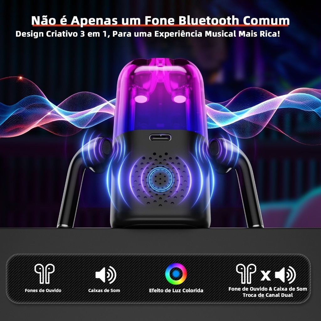 3 em 1 Fone de Ouvido Sem Fio+Speaker Com Cancelamento De Ruído Bluetooth 5.4Pop-Up para iOS e Android