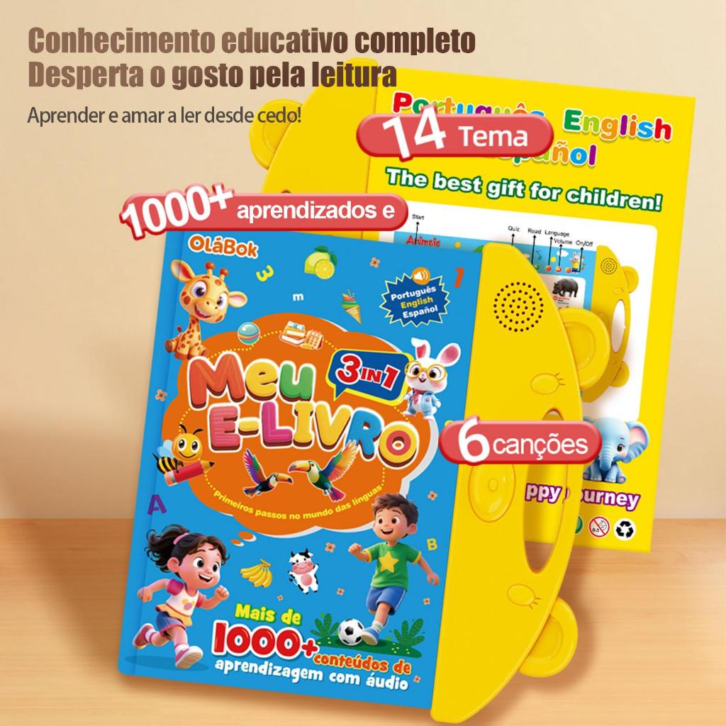 Livro Educativo Infantil Interativo Trilíngue com Áudio | Português Inglês Espanhol | Picture Book, Kids Toy