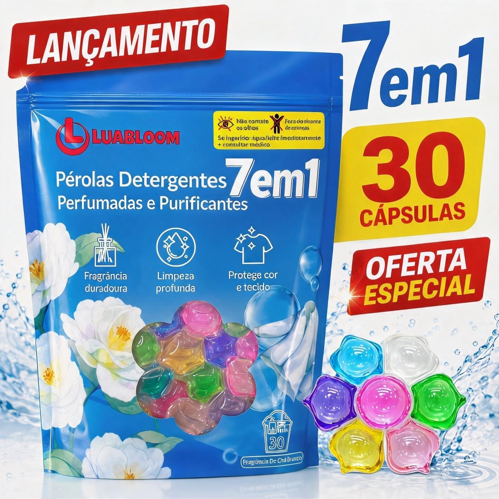LUABLOOM Detergente em Cápsulas 7 em 1 30 Cápsulas Lava Roupas Perfumado Protege Cores e Tecidos