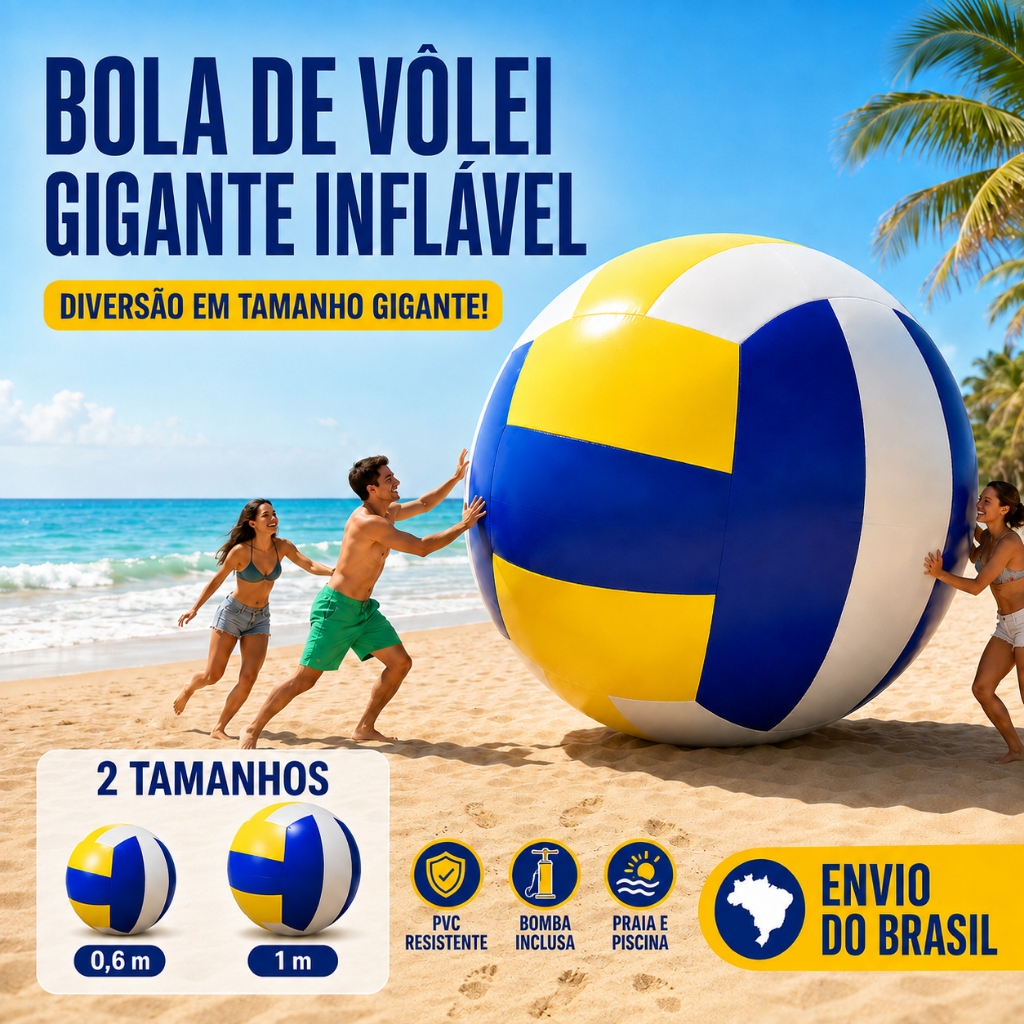 Bola de Vôlei de Praia Inflável Gigante 0,6m ou 1m com Bomba Grátis, PVC Reforçado para Praia e Piscina–Envio do Brasil