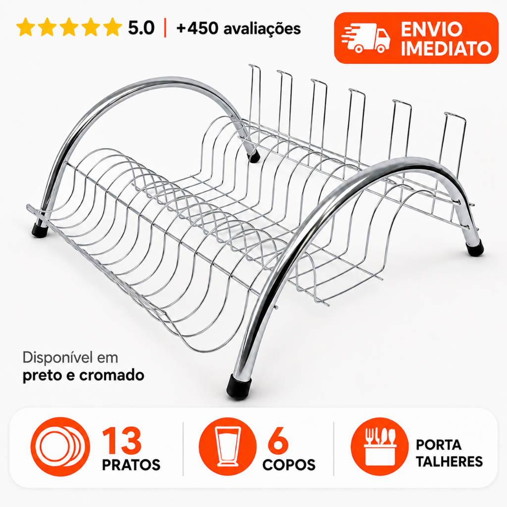 Escorredor de Louça Cromado e Preto 13 Pratos e 6 Copos + Talheres Cozinha Organizada - Madefer Inox