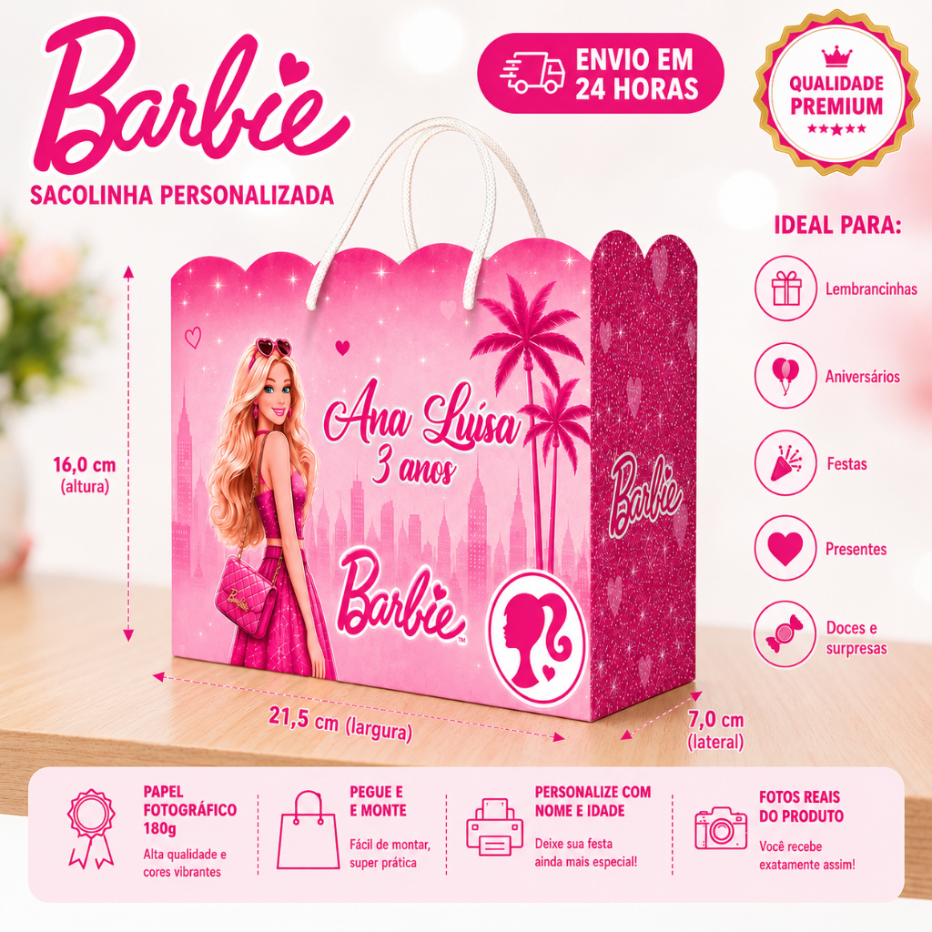 Kit Sacolinha Personalizada Grande - BARBIE - Lembrancinha Festa Infantil Aniversário