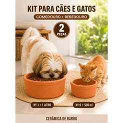 Kit Comedouro e Bebedouro Pet Cerâmica de Barro 500ml e 1 Litro para Cães e Gatos