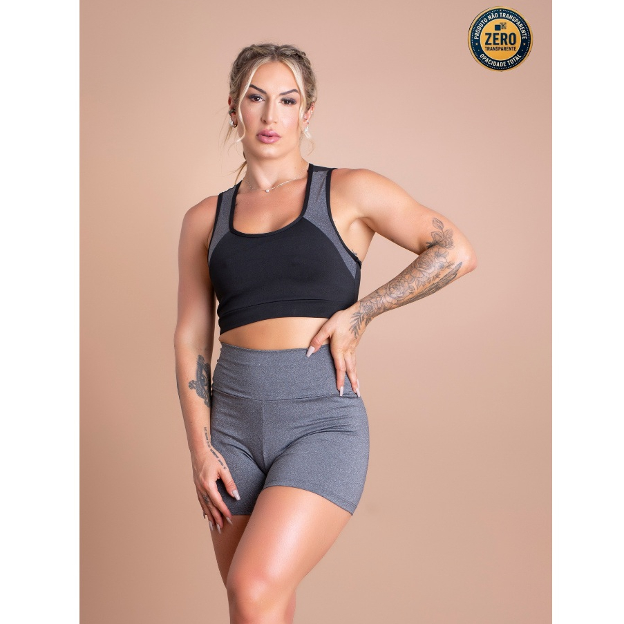 Conjunto Feminino Fitness Top Nadador Detalhe Costas E Short Cintura Alta Liso Academia Treino ZERO TRANSPARÊNCIA