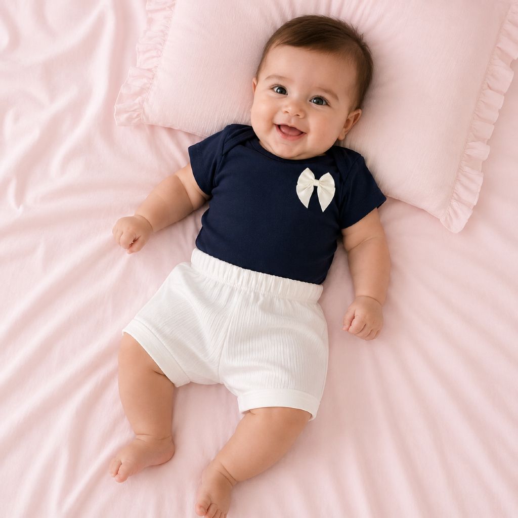 Conjunto Bebê Body Algodão Azul Marinho + Shorts Tricot Infantil Confortável Roupa Menina Casual | P ao GG | REF 2410