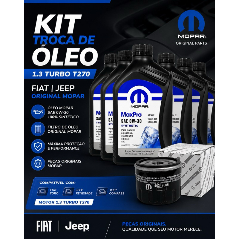 KIT TROCA DE ÓLEO 1.3 turbo T270 Fiat Jeep ORIGINAL MOPAR