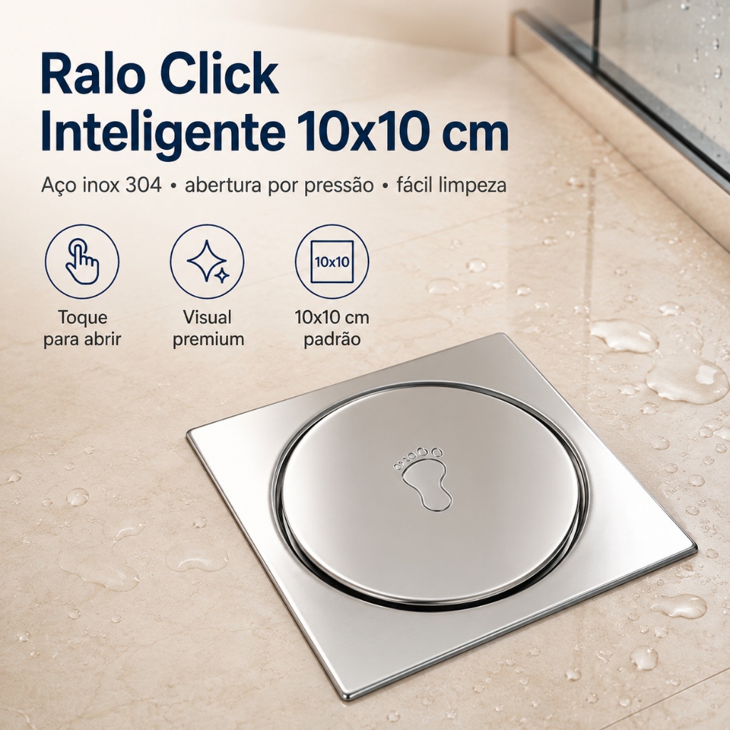 Ralo de Piso Inox 304 10x10cm com Sistema Click e Tampa Removível para Banheiro, Cozinha, Lavanderia e Área de Serviço