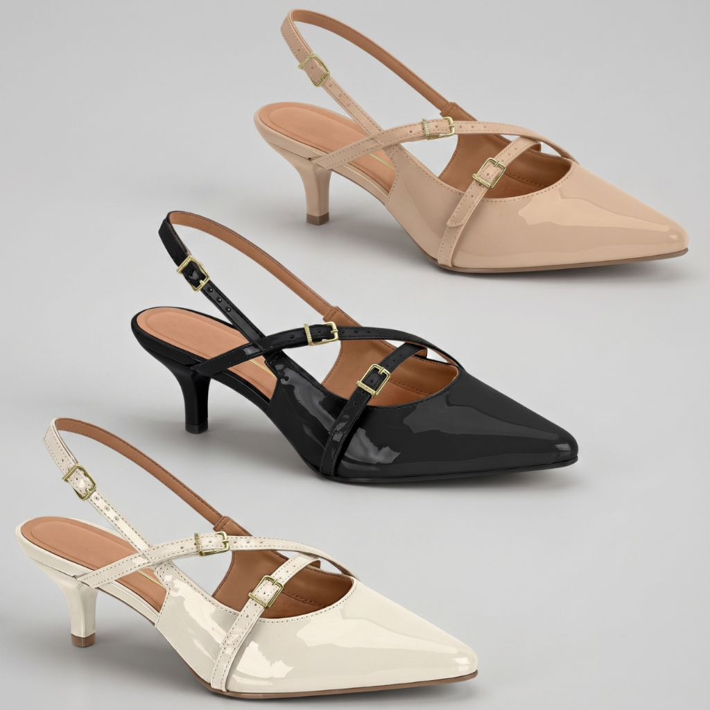 Scarpin Feminino Vizzano Slingback Verniz Bico Fino Salto Baixo 5cm Sofisticado