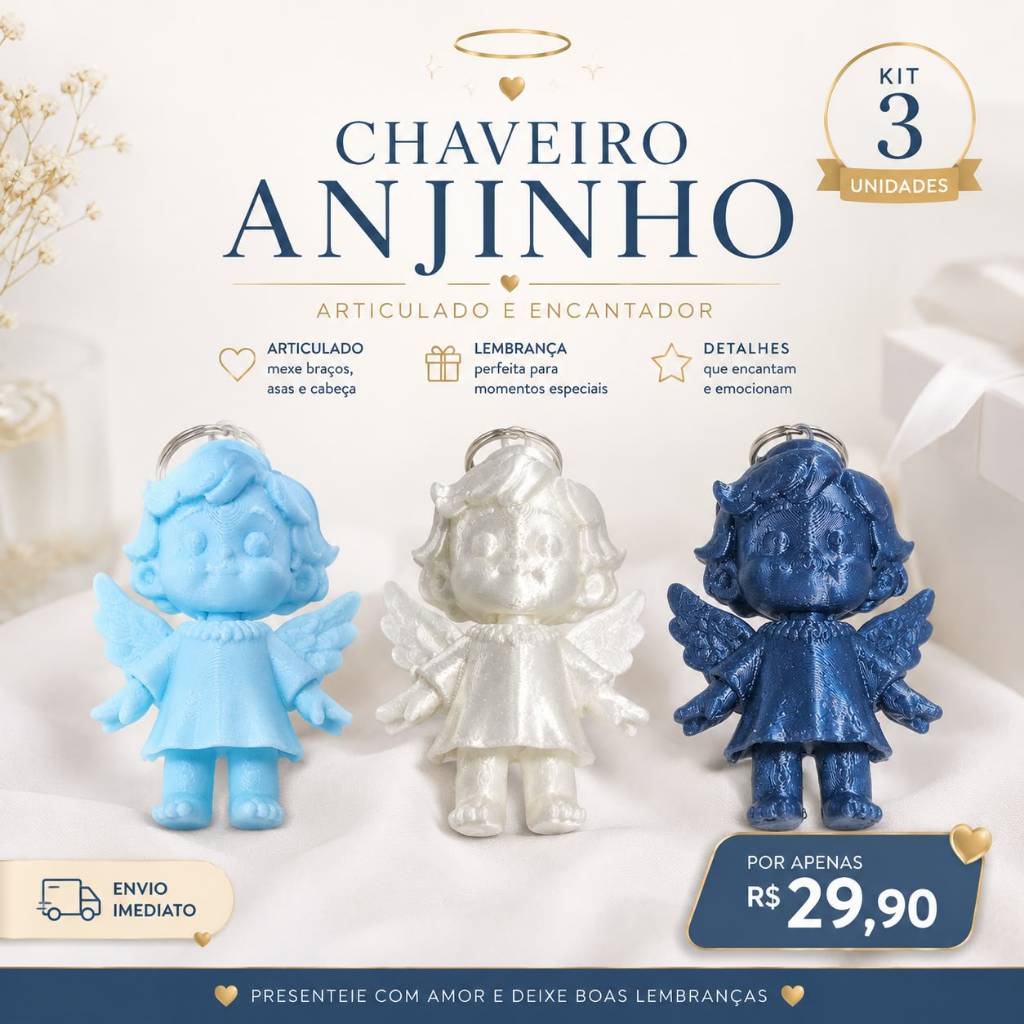 Kit 3 Chaveiros Anjinho Articulado Lembrancinha Batizado, Comunhão e Natal