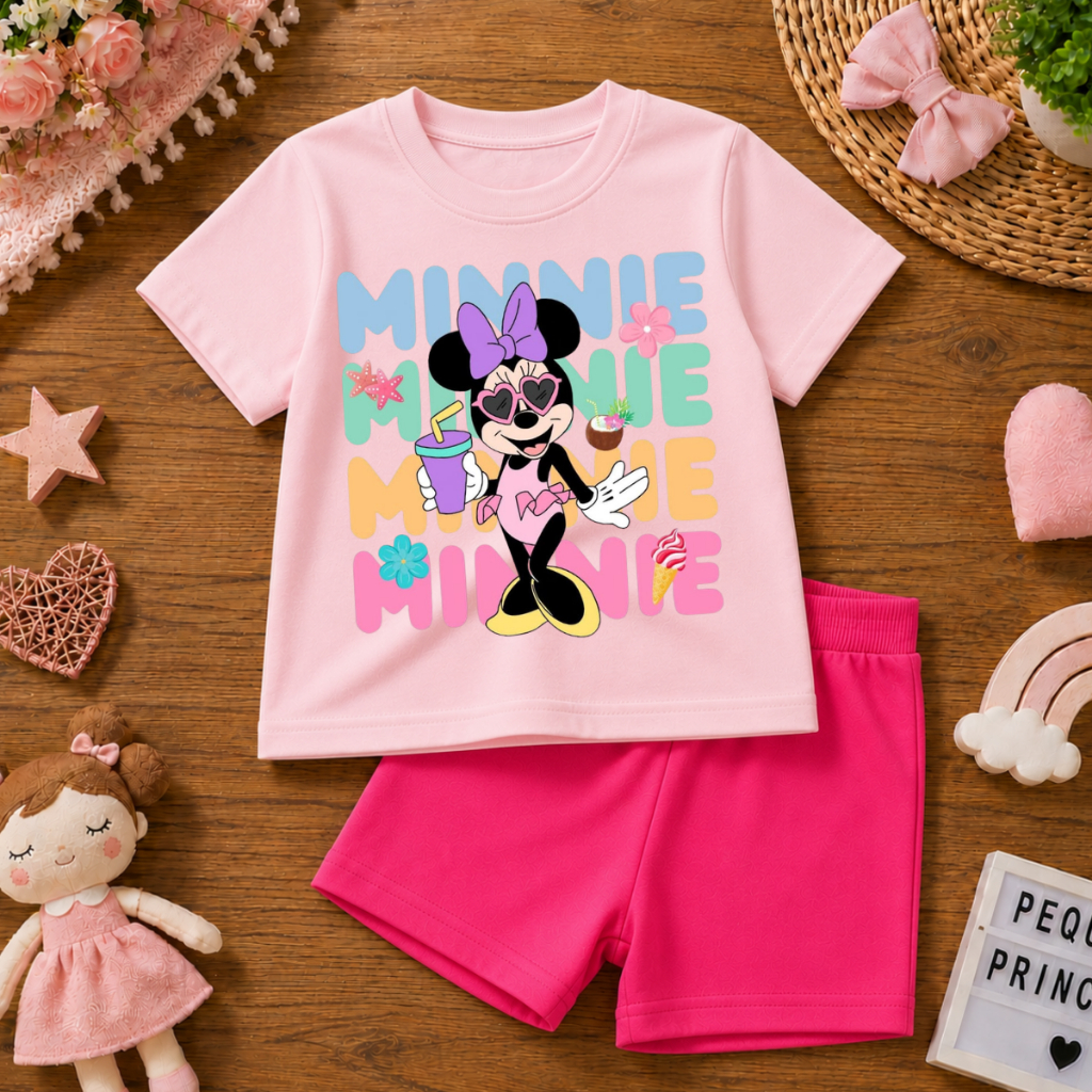 Conjunto Infantil Minnie Feminino Camiseta e Short Tecido Premium Confortável e Lindo