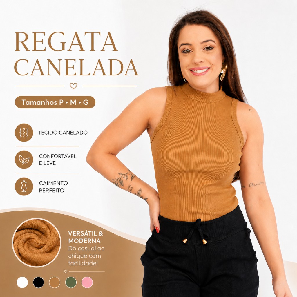 Regata Feminina Canelada Gola Alta Algodão Cacharrel Caimento Impecável.