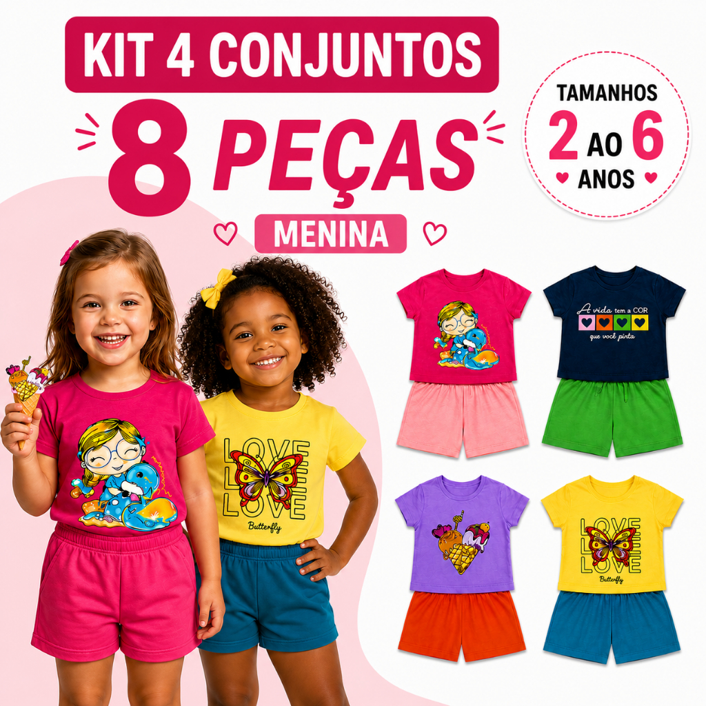 Kit 8 Peças Roupa Infantil Menina 4 Conjuntos Verão Algodão Moletinho Tam 2 4 6 Estampas Sortidas