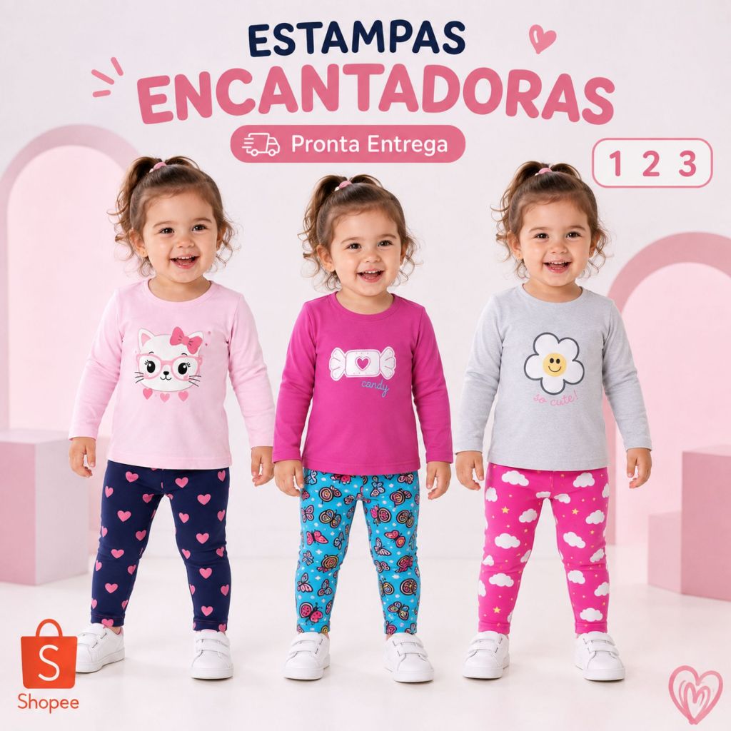 Conjunto Infantil Feminino Meia Estação Blusa Manga Longa + Legging Cotton Menina 1 2 3 Anos Sortido