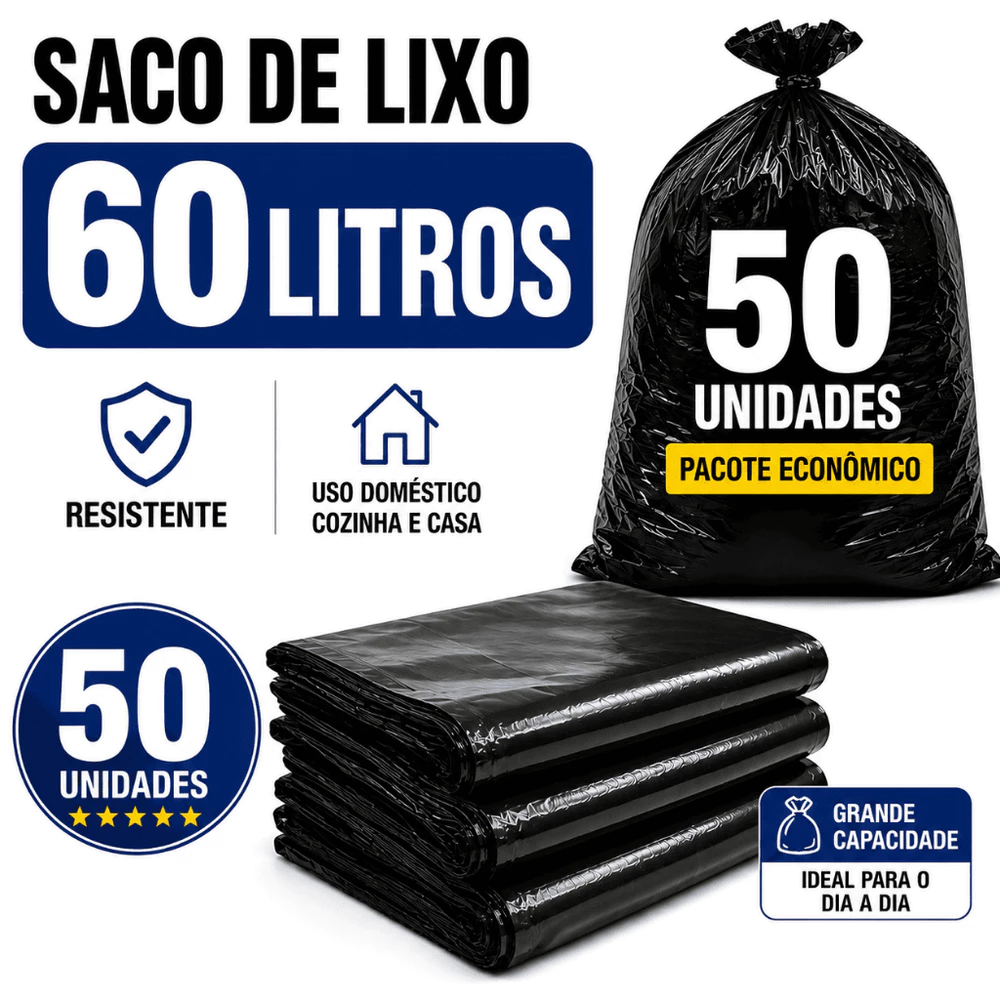 Saco de Lixo 60 Litros Pacote Com 50 Unidades Preto Resistente Uso Doméstico
