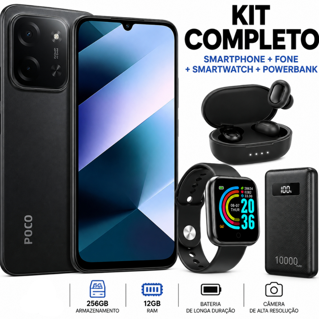 Smartphone  P0C0 C85 NFC 256GB 16GB RAM Global Dual Sim Micro SD 120H 6000Mah + Fone Bluetooth + Relógio Smartwatch