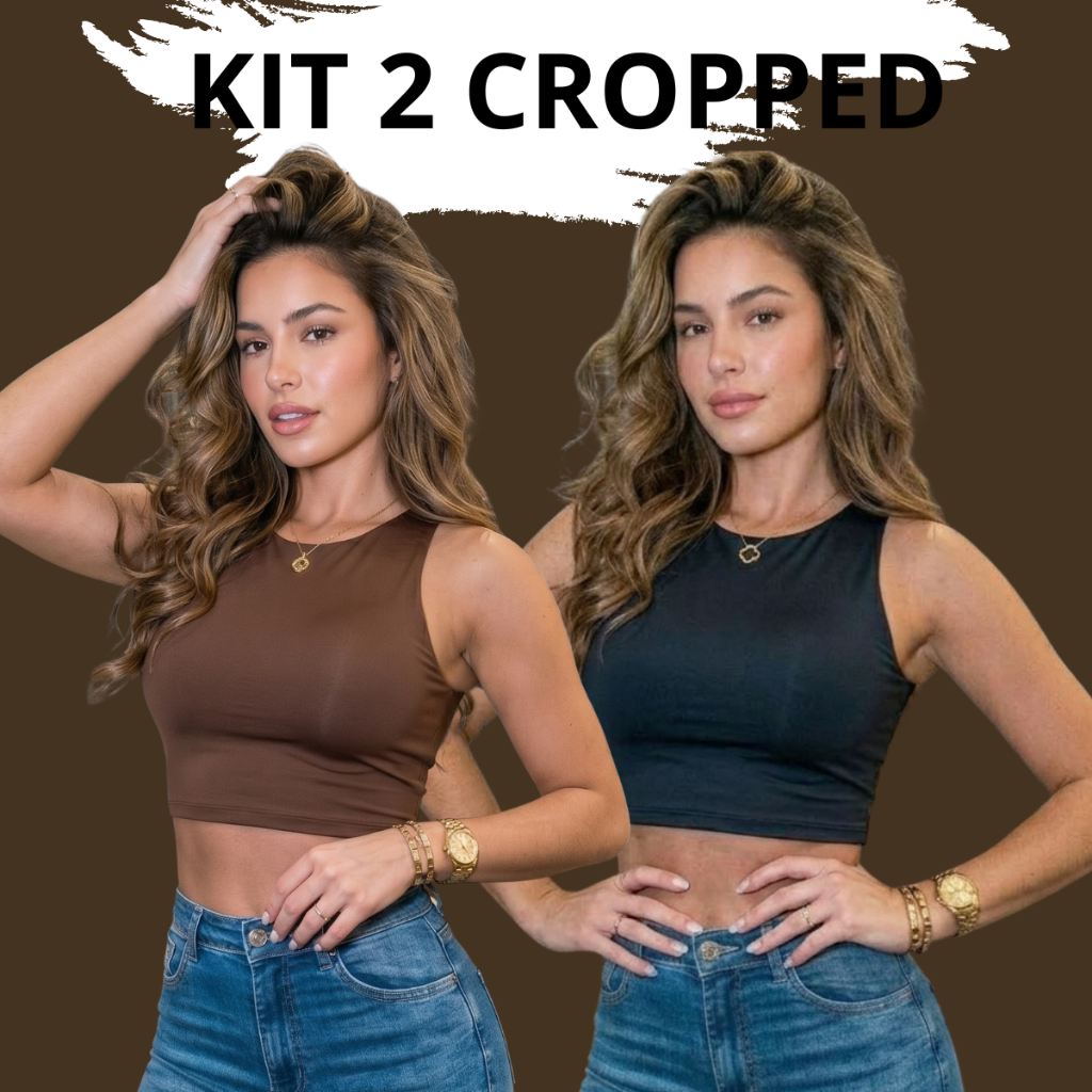 Kit 2 Cropped Feminino Regata Liso Micropremium Slim Para academia-Festas Verão Forro Duplo  Com Compressão Premium