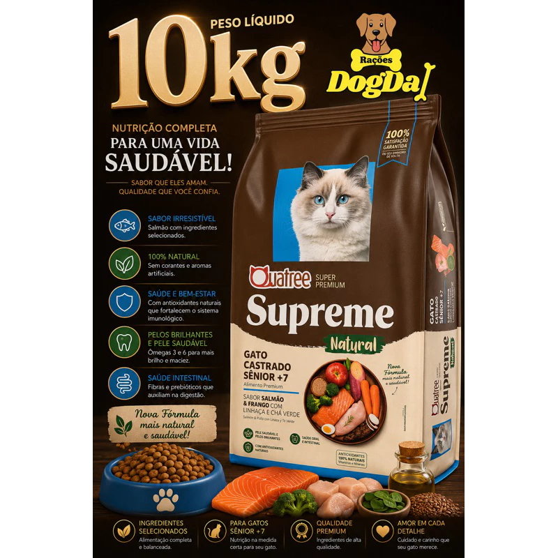 Ração Quatree Supreme Natural Gato Castrado Sênior +7 10kg Salmão e Frango Super Premium