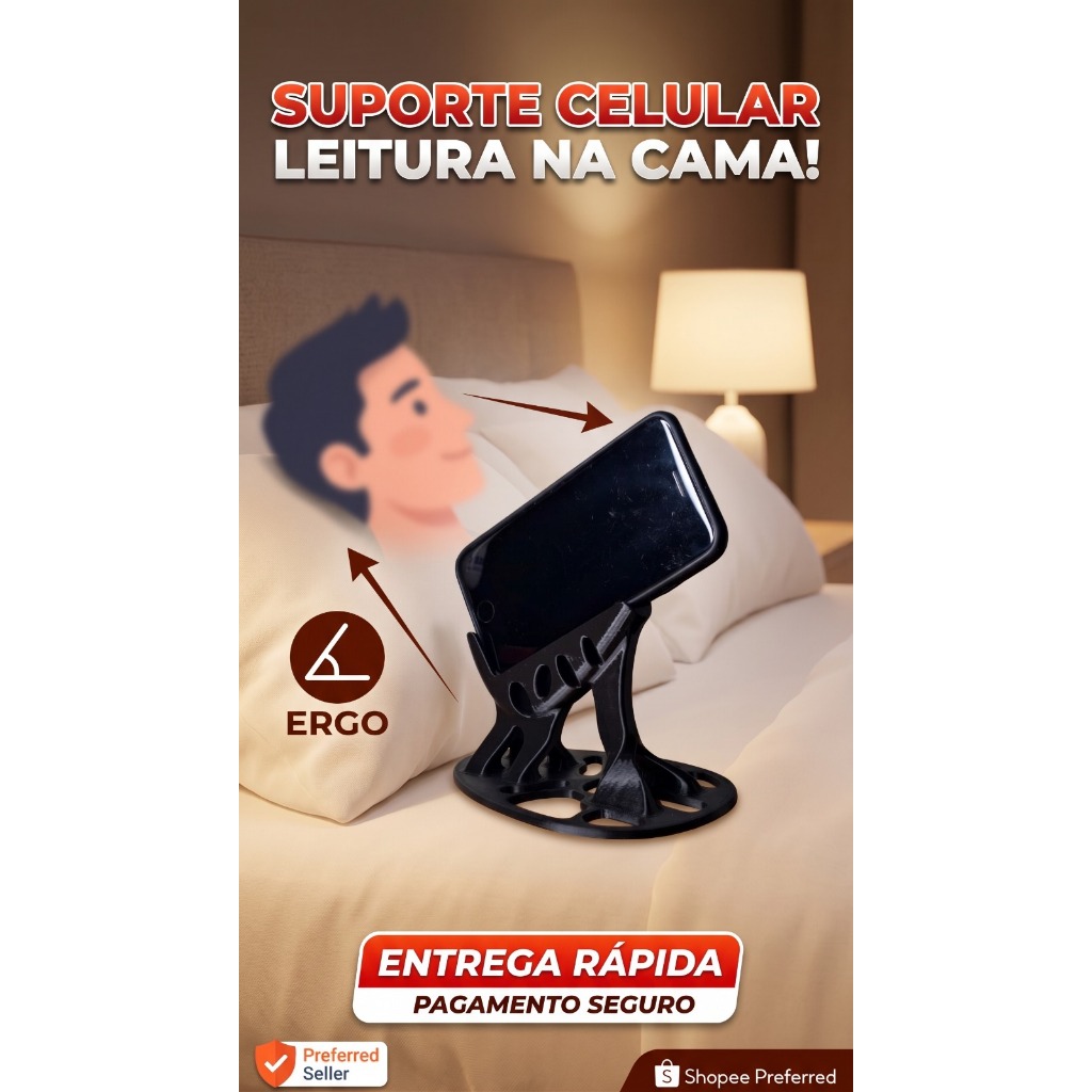 Suporte Celular Deitado Cama Ergonômico Inclinado Ler Assistir Mesa Apoio Smartphone Leitura Conforto Várias Cores 3D