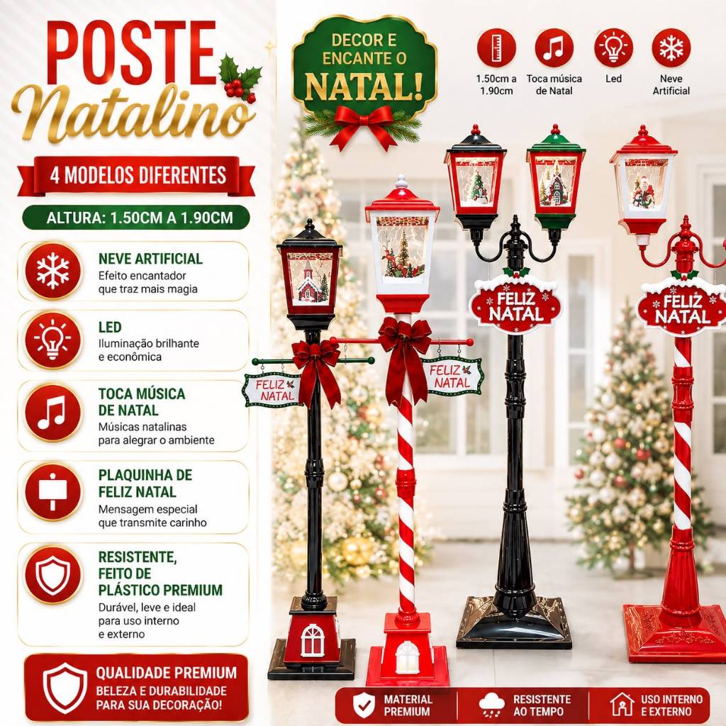 Poste Natalino Musical com LED Neve Artificial 1,50m 1,90m Bivolt