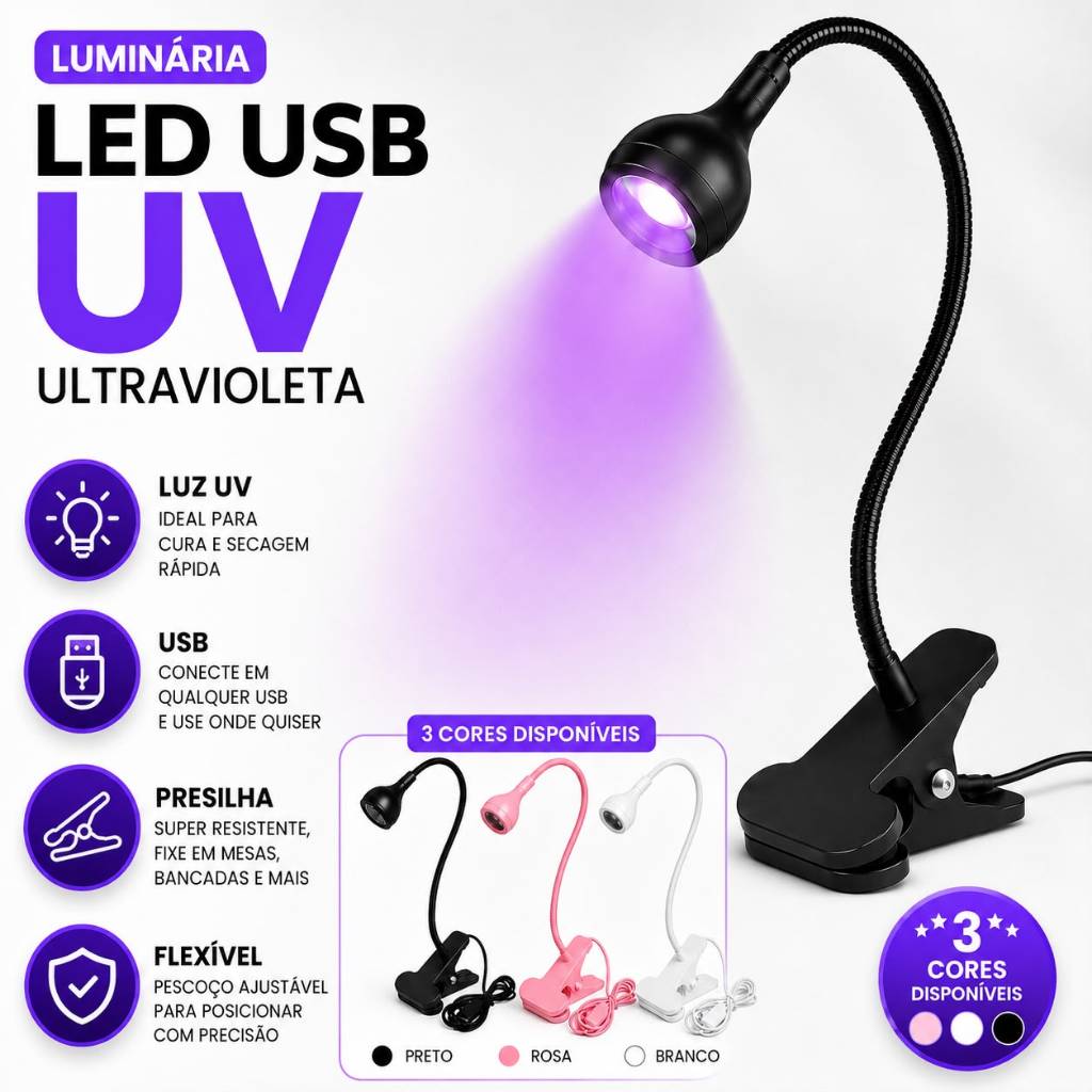 Luminária UV para Manicure USB com Garra Pescoço Flexível para Unhas Gel e Nail Art
