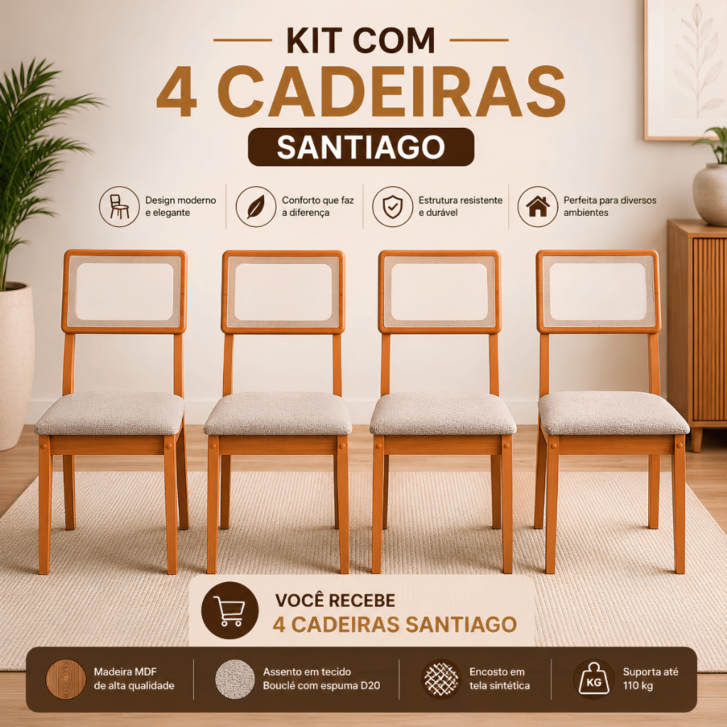 *PROMOÇÃO* Kit 4 ou 2 Cadeiras Sala de Jantar Estofada Bouclé Madeira Cinamomo Moderna Confortável