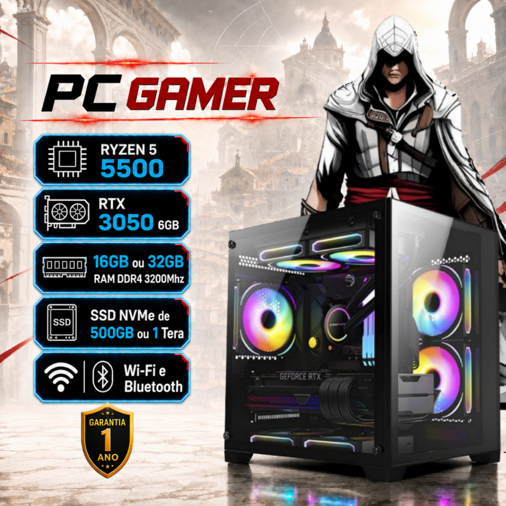 Computador Gamer Ryzen 5 5500 + RTX 3050 6GB + 32GB RAM + SSD NVMe 1 TERA.