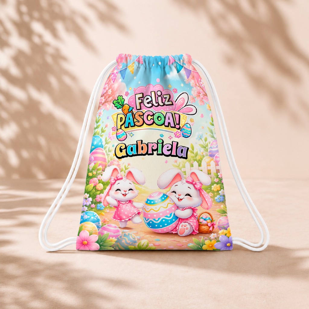 10 Mochila Personalizada 18x26 Sacolinhas Festa Aniversário Lembrancinha Feliz Páscoa Rosa