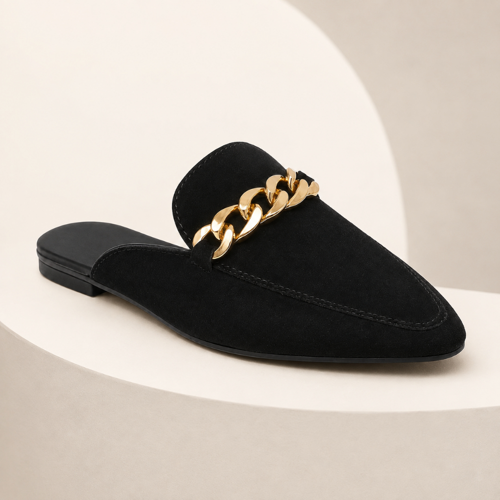 Mule Feminino Sapato feminino Bico Fino Redondo Salto Baixo Detalhe Dourado Corrente Casual Elegante Confortável