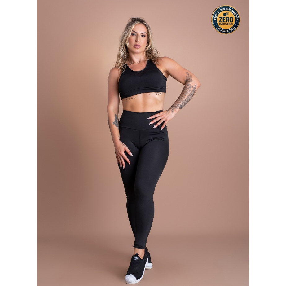 Conjunto Fitness Feminino Calça Legging Cintura Alta Lisa E Top Sustentação Tela Moda Academia Treino ZERO TRANSPARÊNCIA