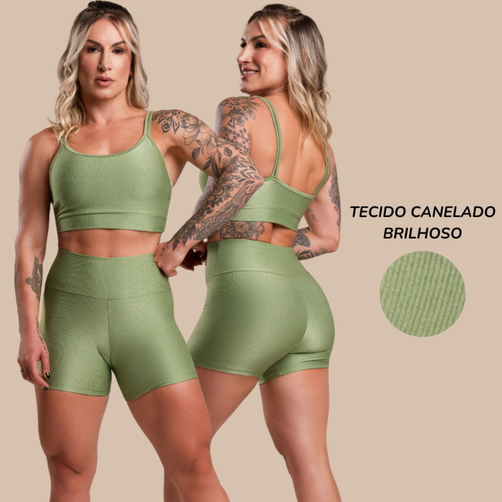 Conjunto Fitness Feminino Canelado Brilhoso Academia Top Cropped Alcinha e Short Liso Cintura Alta Brilho