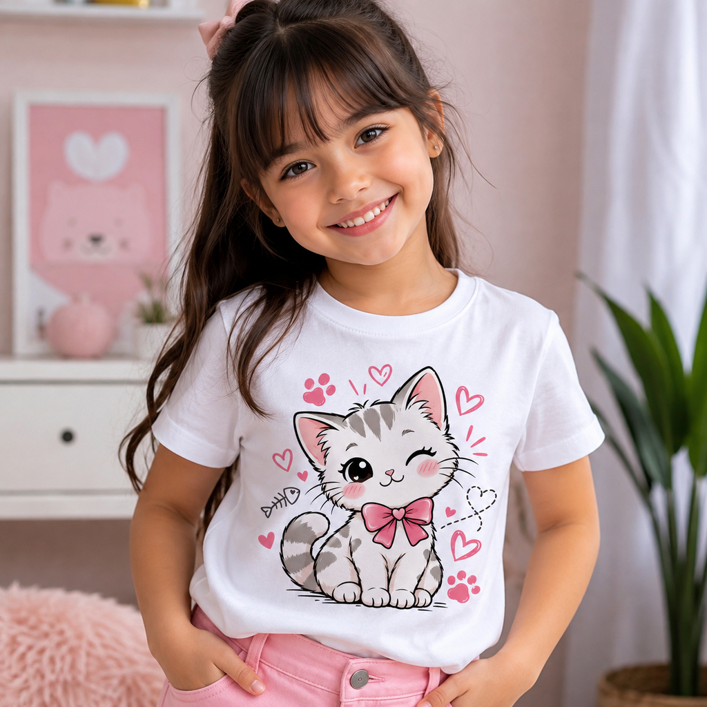 Camiseta Infantil Feminina Gatinho Fofo com Laço – Blusa Menina Estampada Confortável e Linda
