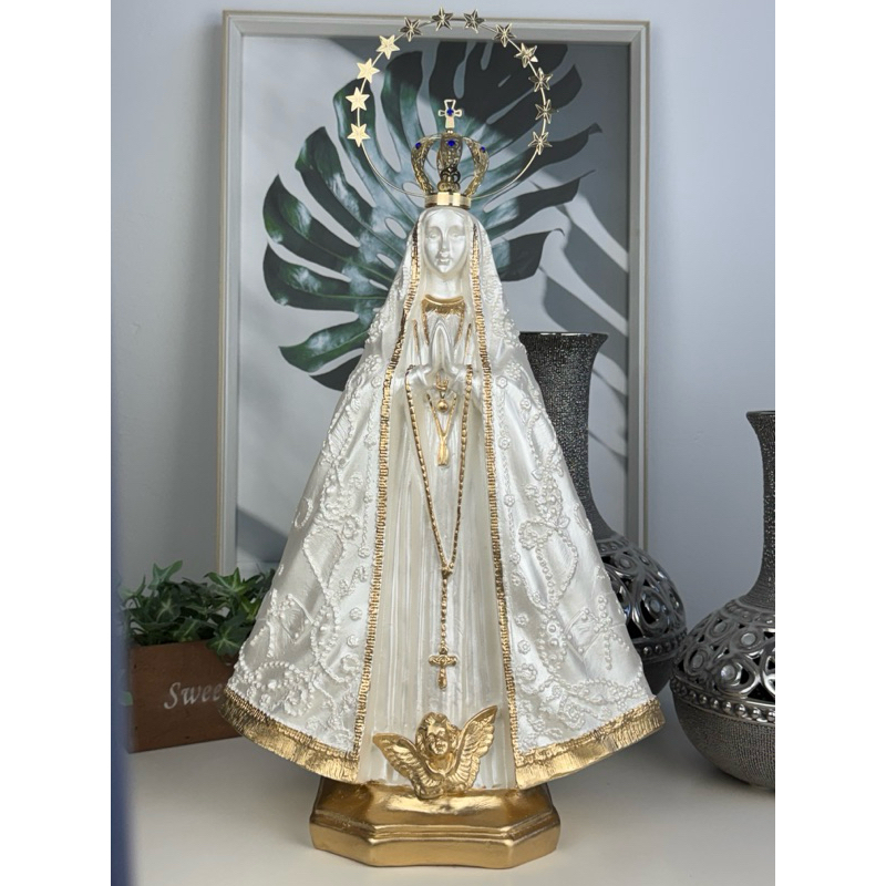 imagem nossa senhora aparecida 40 cm perolada dourada coroa resplendor