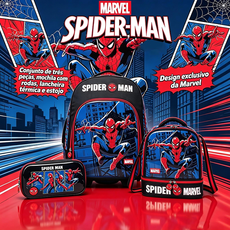 Marvel Conjunto de mochila escolar do Homem-Aranha com rodas espaçosa com lanche