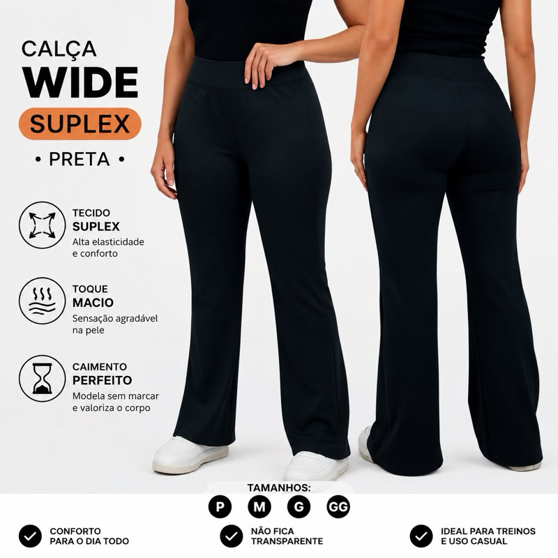 Calça Wide Leg Boca Larga Feminina Preta Cintura Alta c/ Elastano