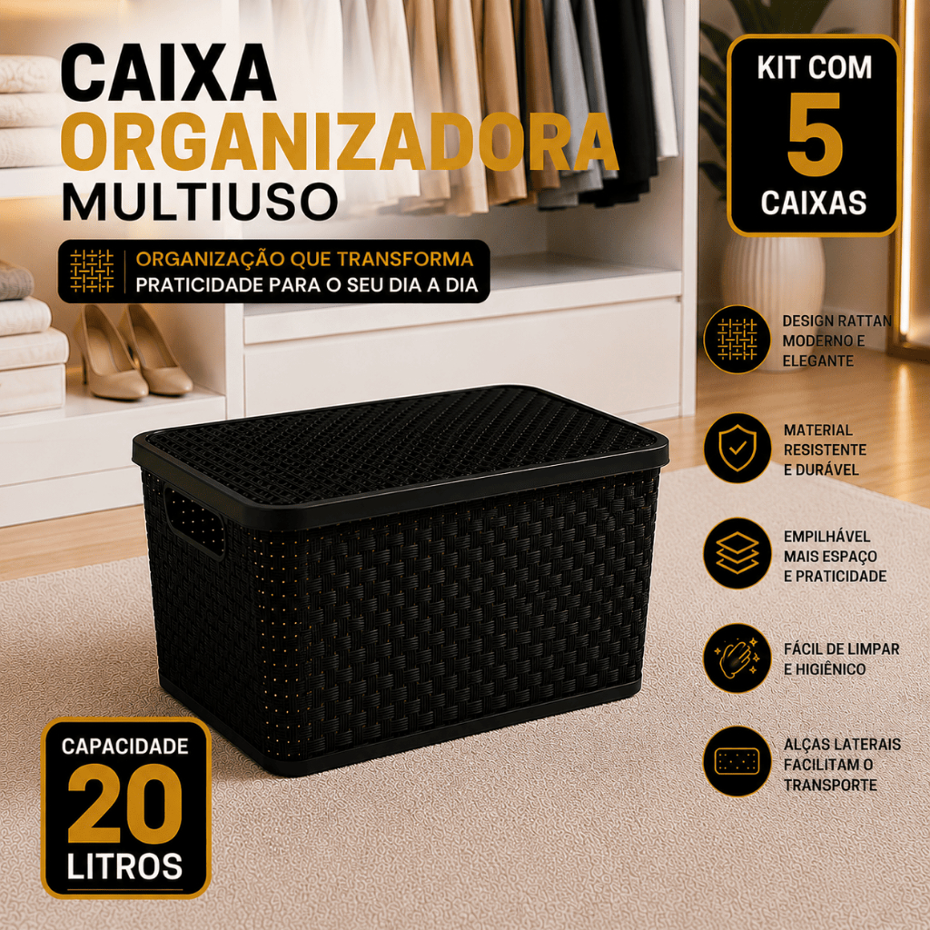 Kit 5 UN Caixas Organizadoras Rattan 20 litros Preta com Tampa Multiuso Brinquedos Roupas