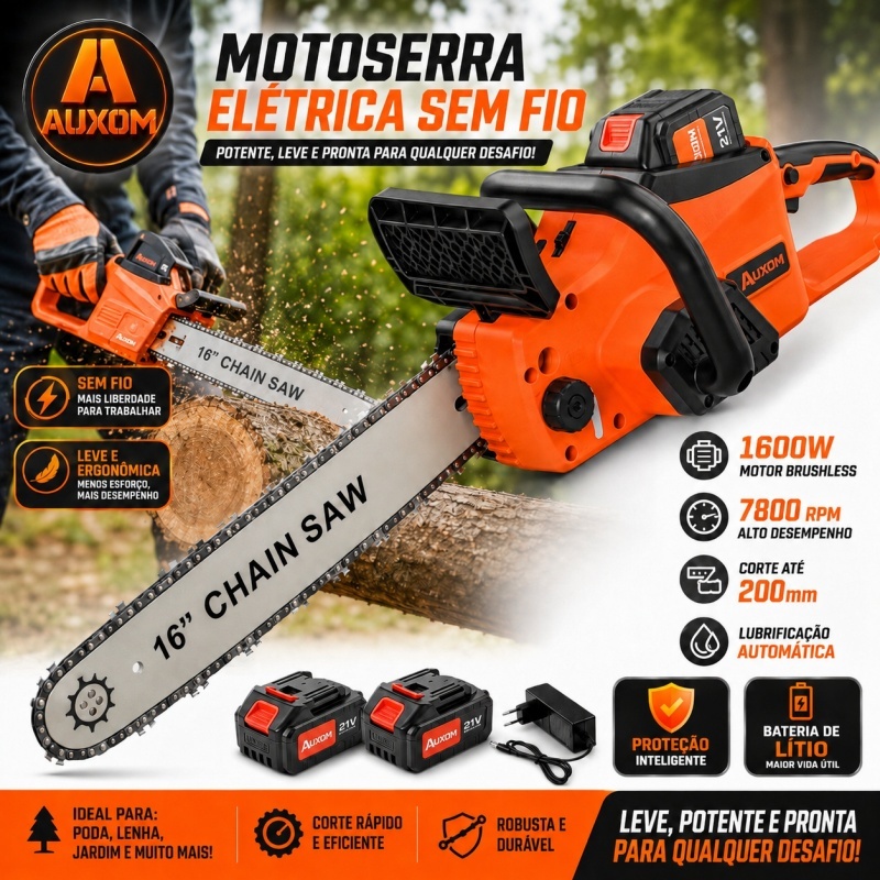 Motosserra Elétrica Sem Fio AUXOM 16 Polegadas 1600W Brushless 21V com 2 Baterias