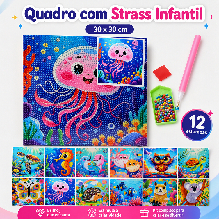 Kit Pintura Diamante Infantil 30x30cm Quadro com Strass 12 Estampas com Caneta, Pedrinhas e Bandeja