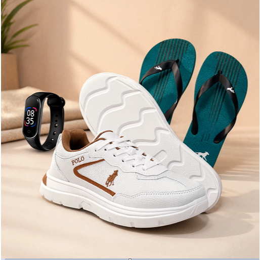 Kit Tênis Masculino Polo Casual Gold Conforto Estilo e Leveza + Chinelo + Relógio Digital no Seu Dia a Dia