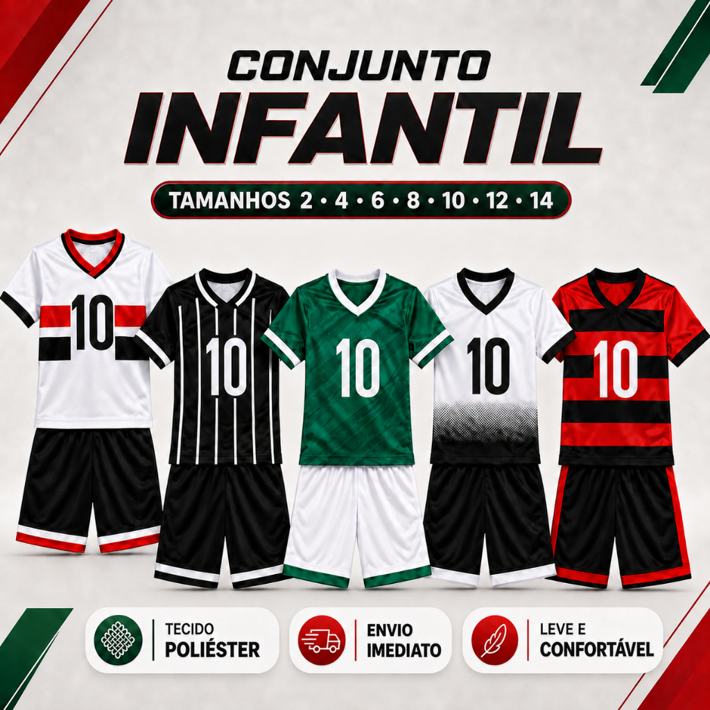 Kit Futebol Infantil Camiseta e Short Conjunto Esportivo Juvenil do 2 ao 14 - Envio Imediato !!!