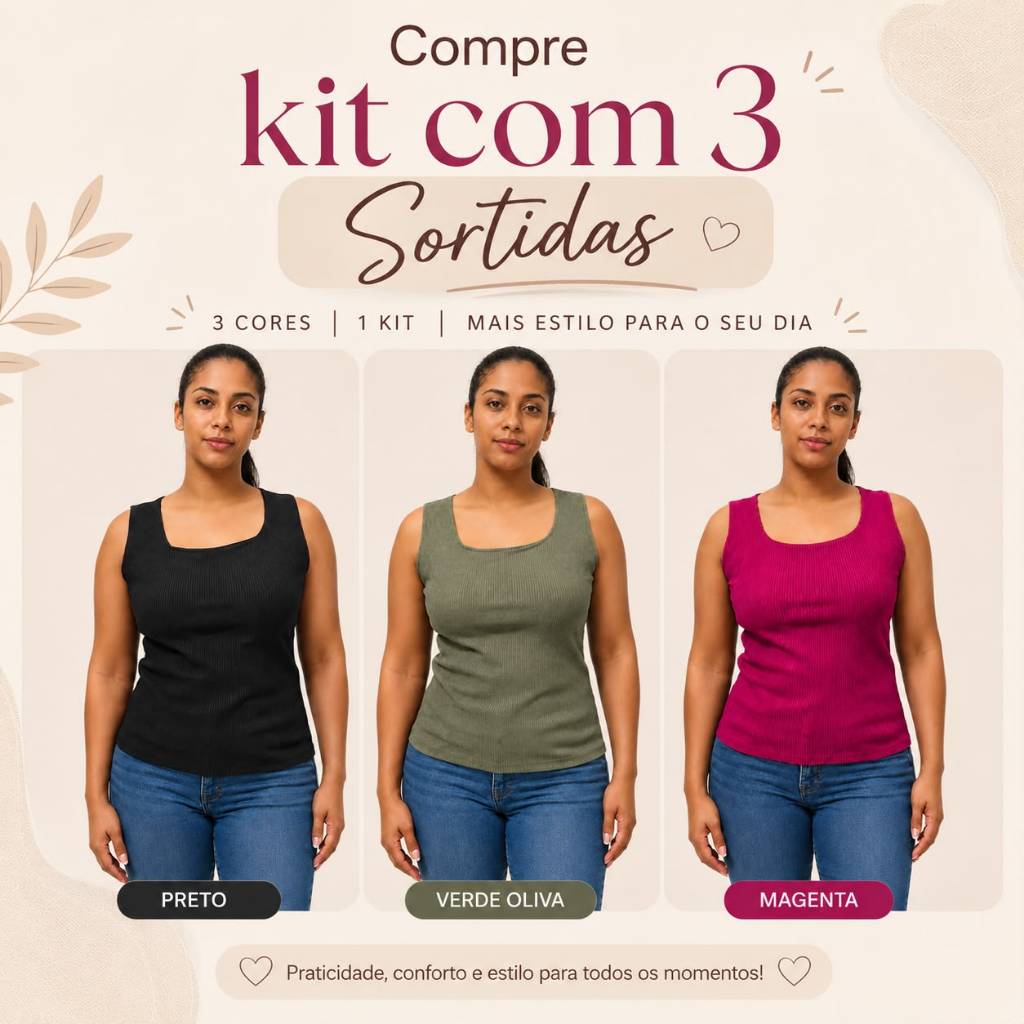 Regata Feminina Ribana Canelado Kit com 3 unidades