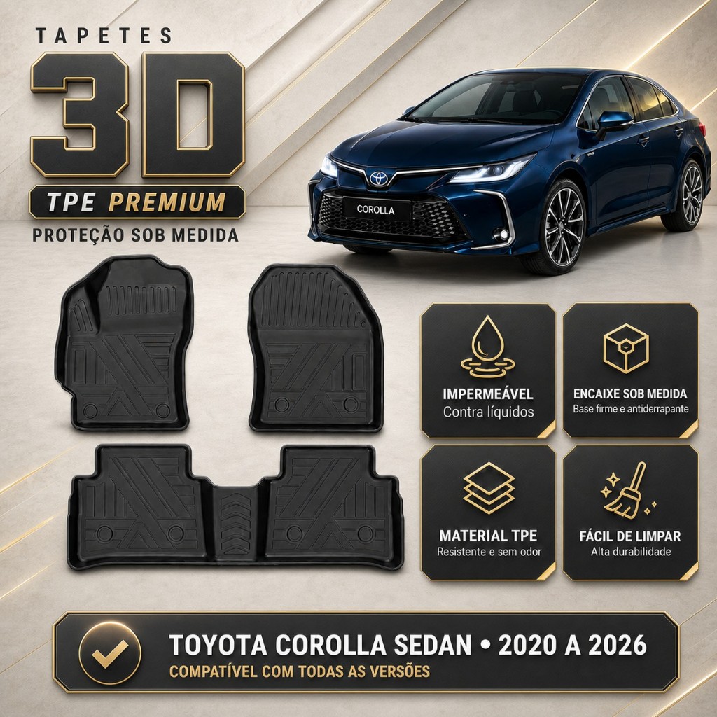 Jogo de Tapetes Com 3 Peças Premium Bandeja de borracha TPE 3D Para Corolla Sedan 2020 - 2026 Ekap