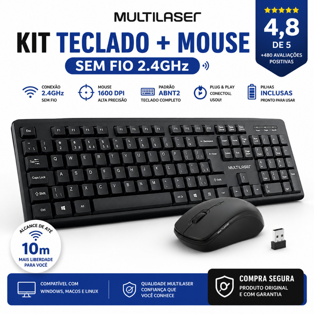 Combo Teclado E Mouse Sem Fio Multilaser Usb 2.4 Ghz - TC269 Cor Do Mouse Preto