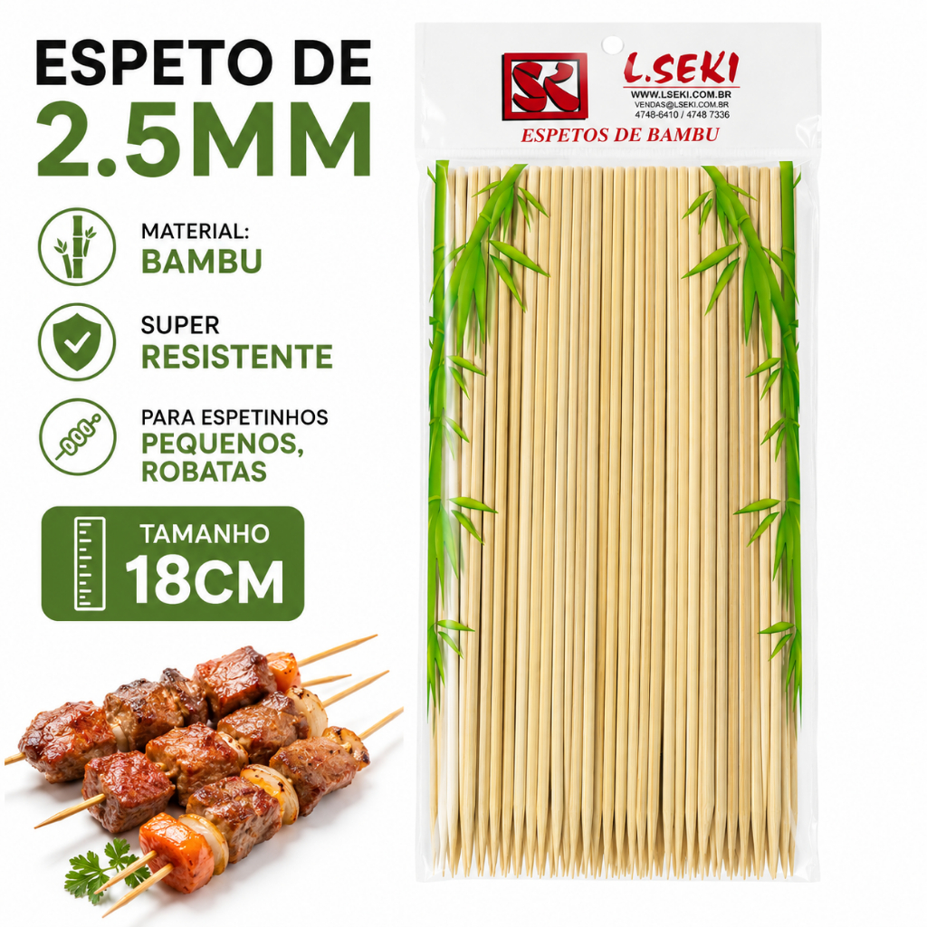 100 PALITO ESPETO BAMBU 18 CM 2.5mm, espetinhos pequenos, resistente e super afiado SEKI