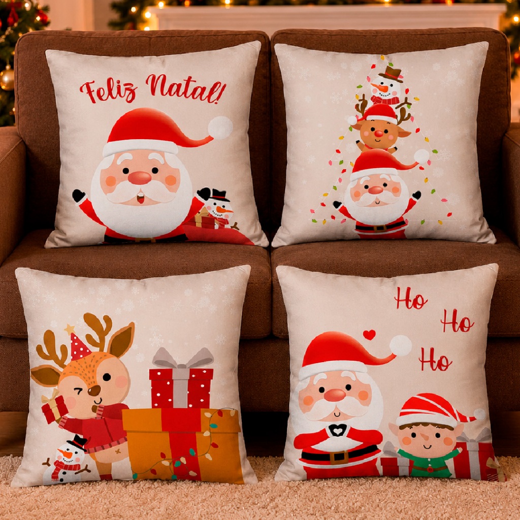 Kit com 4 Capas de Almofadas Decoração de Natal 45x45 cm Papai Noel Luxo Presente Enfeite