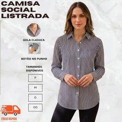 Camisa Social Listrada Feminina Manga Longa en Tecido Crepe Premium Elegante Casual 6 Cores