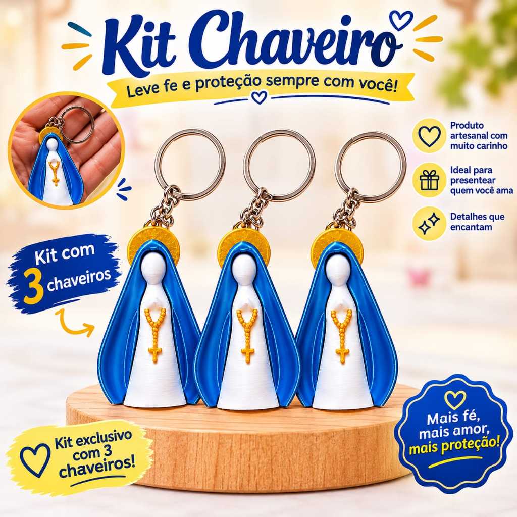 Kit 3 Chaveiros Nossa Senhora Aparecida Lembrancinha Católica Religiosa 3 D - Fé e Proteção