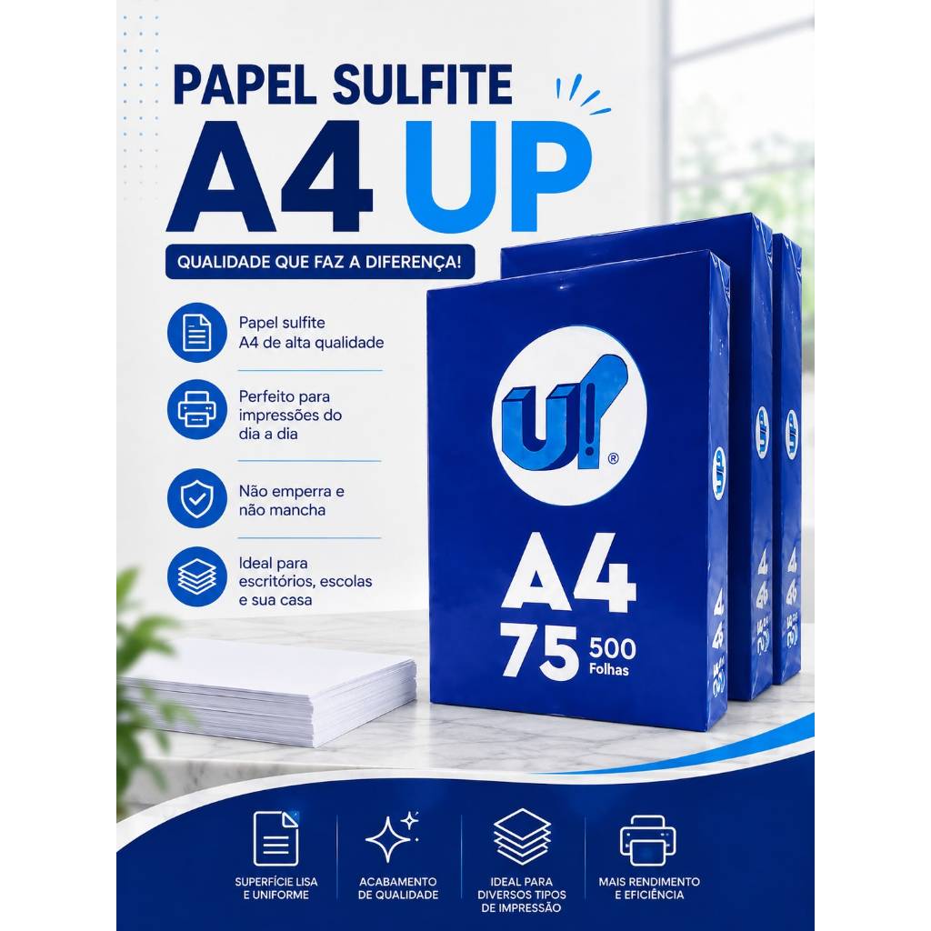 FOLHAS DE PAPEL SULFITE UP A 4 BRANCO 500/1000/1500/2000 Para Impressão 75g Resma