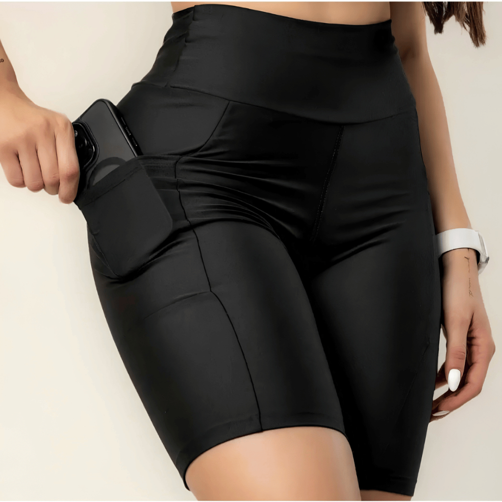 Bermuda Fitness Feminina Cintura Alta Com Bolso Academia Corrida Treino Short