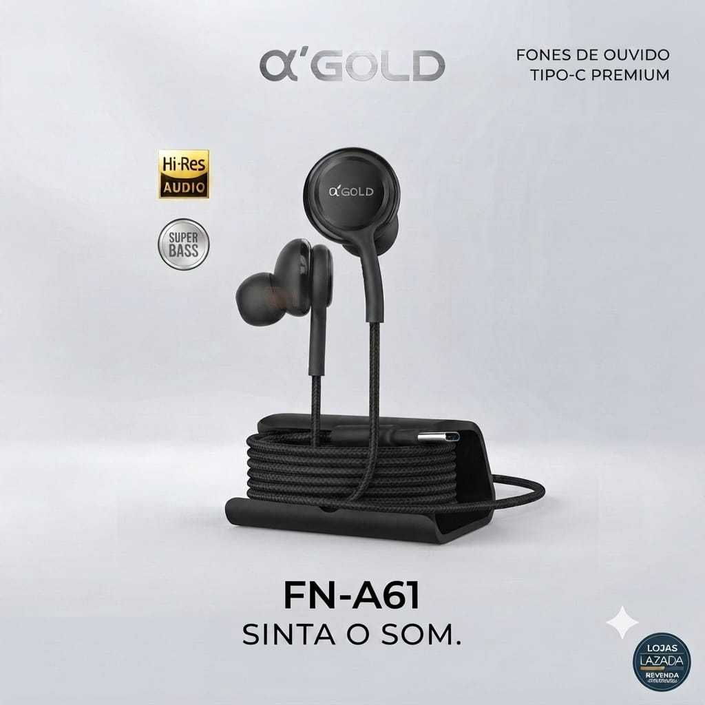 Fone de Ouvido Tipo C A'Gold FN-A61 Com Microfone HD e Som Extra Bass para Celul