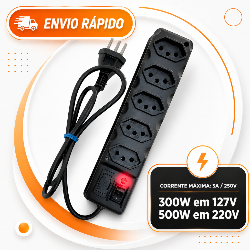 Filtro de Linha 3 4 5 6 Tomadas - Régua Elétrica 10A Tripolar com Interruptor